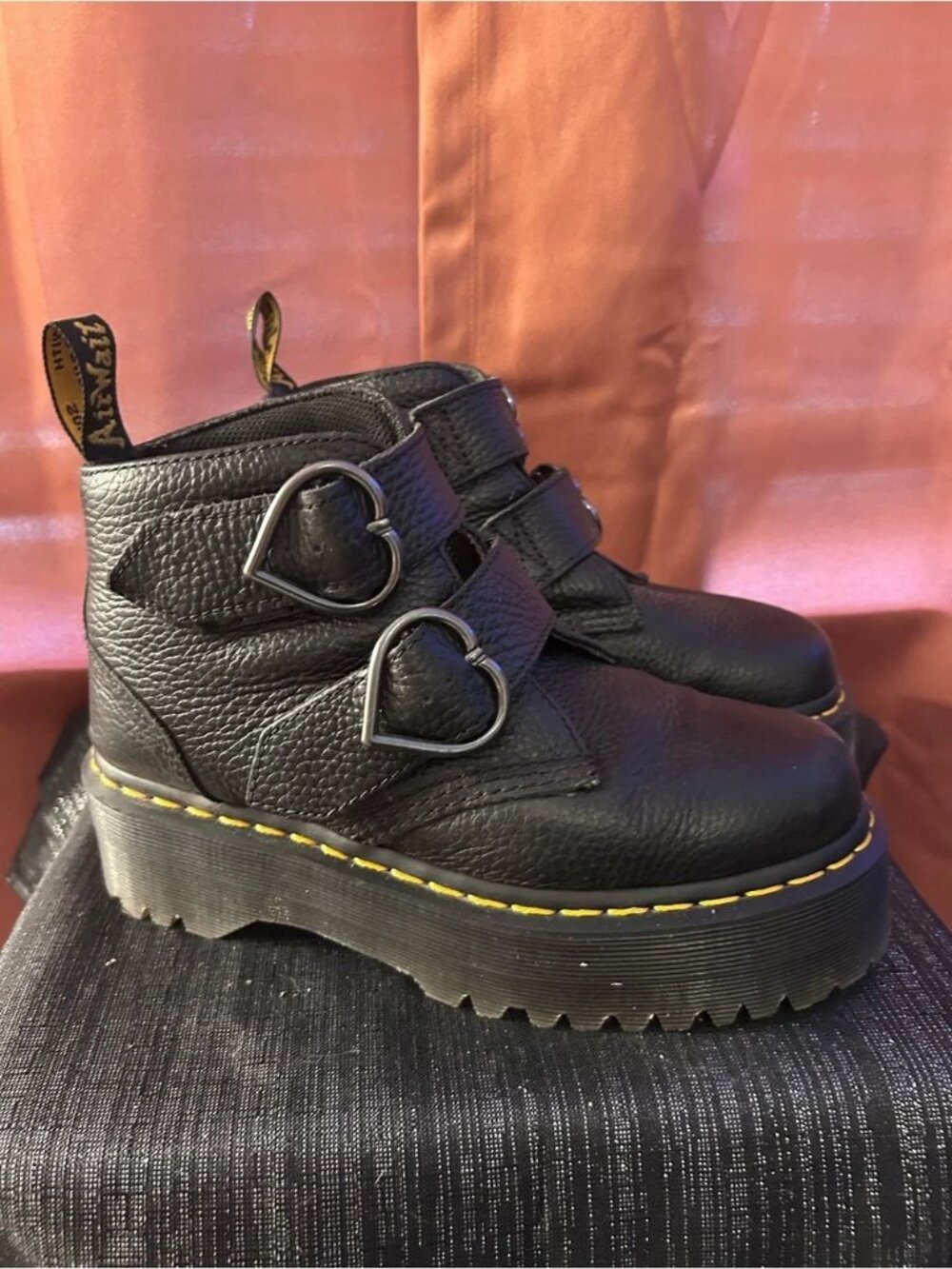 Dr. Martens Devon Black Leather Heart-Buckle Platform Ankle Boots
